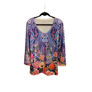 Dudalina Women's Tunic Blouse Stretch 70s Style Roses Shimmer 3/4 Sleeve M/L